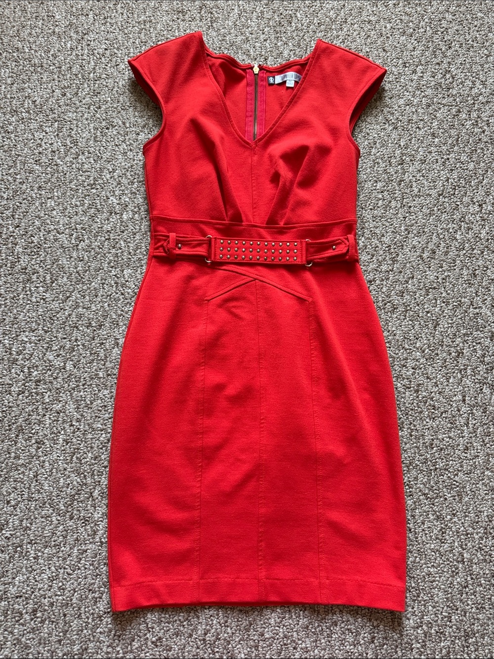 Jennifer Lopez Orange  Studded-Belt Cap Sleeve Midi Dress